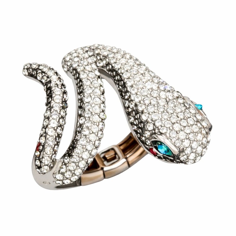Snake Wrap Ring Sparkling Rhinestones‎ Silver Serpent Stretchy Statement Jewelry